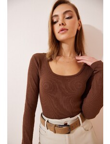 Happiness İstanbul Women's Brown U-Neck Ribbed Knitted Blouse