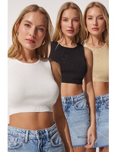 Happiness İstanbul Crew Neck Summer Crop Knitwear 3-Piece Set