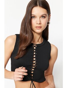 Trendyol Black Super Crop Tie Detailed Knitwear Blouse