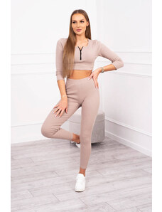 Kesi Žebrovaný crop top set tmavě béžový