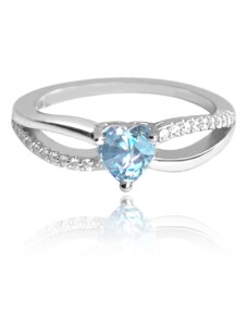 MINET Stříbrný prsten LOVE s modrým srdíčkovým zirkonem vel. 50
