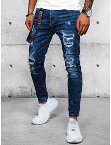 BASIC Tmavě modré pánské džíny s oděrkami Denim vzor