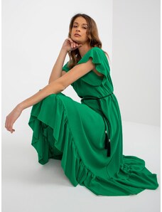 Fashionhunters Tmavě zelené midi šaty s volánky na rukávech