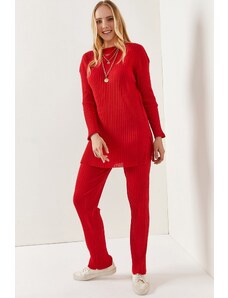 Olalook Women's Red Top Slit Blouse Bottom Palazzo Corduroy Suit