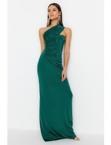 Trendyol Smaragdově zelené řasení na jedno rameno Detailní večerní šaty