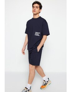 Trendyol Navy Blue Tracksuit Relaxed/Comfortable Cut Text Printed Cotton