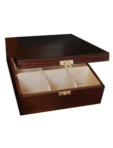 Dřevěná krabička na čaj s devíti přihrádkami a zapínáním, hnědý nátěr