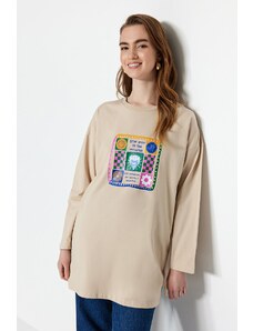 Trendyol Beige Long Sleeve Knitted Printed T-Shirt