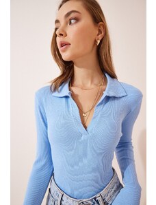 Happiness İstanbul Women's Sky Blue Polo Neck Ribbed Knitted Blouse
