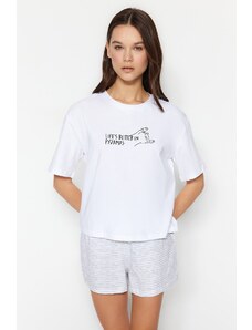 Trendyol White Striped Slogan Printed Cotton T-shirt-Shorts Knitted Pajama Set