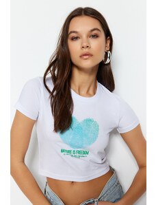 Trendyol White Heart Printed Fitted Crop Crew Neck Cotton Stretchy Knitted T-Shirt