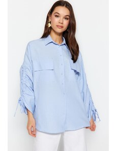 Trendyol Light Blue Adjustable Gathered Detail Woven Cotton Shirt with Sleeves