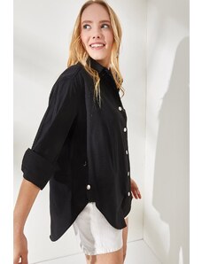 Olalook Women's Black Button Detailed Oversize Woven Shirt