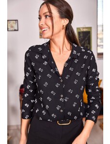 armonika Women's Black Flower Pattern Long Sleeve Shirt