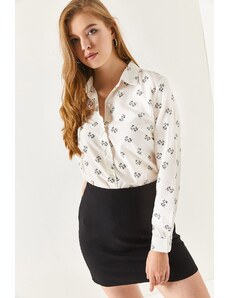 armonika Women's White Flower Pattern Long Sleeve Shirt