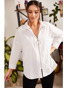 armonika Women's White Front Zipper Loose Shirt