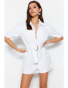 Trendyol White Zippered Denim Overalls