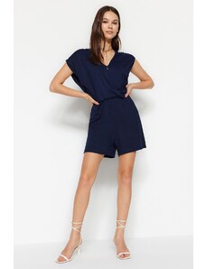 Trendyol Navy Blue Double-breasted Collar, Fall, and Short, Knitted Jumpsuit
