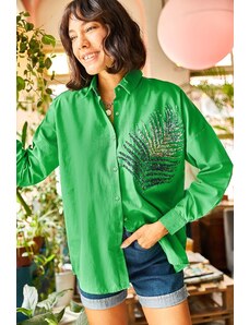 Olalook Women's Grass Green Palm Sequin Detailed Oversize Woven Poplin Shirt