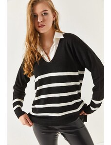 armonika Dámské černé V-Neck Striped Short Front Long Back Sweater