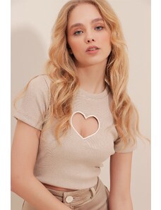 Trend Alaçatı Stili Women's Stone Crew Neck Heart Embroidery Half Sleeve Ribbed Camisole Crop Blouse