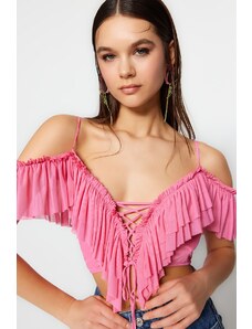 Trendyol Pink Crop Knitted Ruffle Blouse