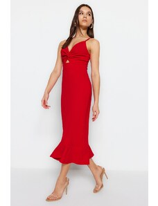 Trendyol Red Crepe Fitted Strap Cut Out Detailed Flounce Sweetheart Neckline Mini Knitted Dress