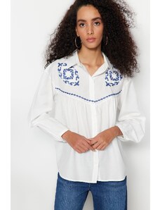 Trendyol Ecru Embroidered Cotton Woven Shirt