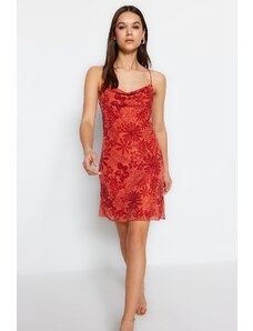 Trendyol Brown Floral Print Mini Knitted Dress with Straps and Crisscross Back Detail