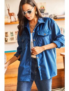 Olalook Women's Indigo Two Pockets Thick Ribbed Corduroy Oversized Shirt