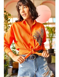 Olalook Women's Orange Palm Sequin Detailed Oversize Woven Poplin Shirt