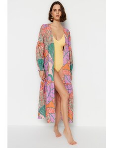 Trendyol Tropical Patterned Belted Maxi Woven Balloon Sleeve 100% Cotton Linen Look Kimono&Kaftan