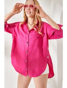 Olalook Women's Fuchsia Side Button Detailed Oversize Woven Shirt