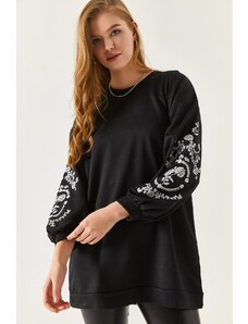 armonika Women's Black Round Neck Sleeve Embossed Sweatshirt