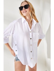 Olalook Women's White Oversized Woven Shirt with Buttons at the Sides