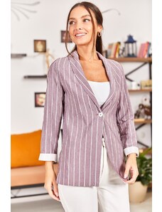 armonika Women's Dark Claret Red Striped One-Button Jacket with Folding Sleeves