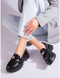 Lacquered black loafers with Shelovet gold ornament