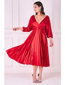 miadresses.cz Červené lesklé midi šaty s plisovanou sukní