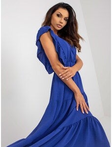 Fashionhunters Kobaltově modré midi šaty s volánky na rukávech