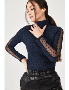 armonika Women's Navy Blue Neck Sleeve Lace Detail Knitwear Sweater