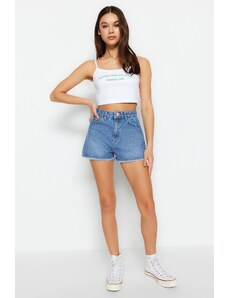 Trendyol Blue Ripped High Waist Denim Shorts