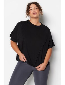 Trendyol Curve Black Crew Neck Stitching Detailed Knitted Crop T-Shirt