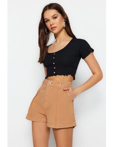 Trendyol Camel Pleated High Waist Denim Shorts