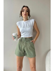 Trend Alaçatı Stili Women's Green High Waist Pleated Four Pockets Jean Shorts