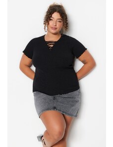 Trendyol Curve Black Lace Detailed Short Sleeve Knitted Blouse