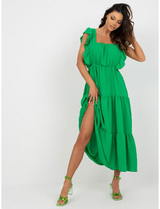 Fashionhunters Zelené midi šaty s volánky na rukávech