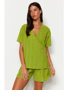 Trendyol Light Green Striped 100% Cotton Wide Fit T-shirt-Shorts Woven Pajama Set