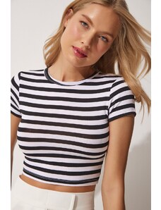 Happiness İstanbul Women's Black and White Striped Crop Knitted T-Shirt