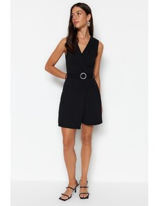 Trendyol Black Belted Double Breasted Collar Crepe Mini Knitted Jumpsuit