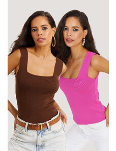 Cool & Sexy Women's Brown-Pink Two-Piece Square Collar Knitwear Blouse YV124